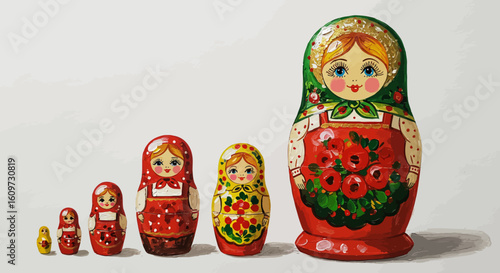 Traditional Russian nesting dolls displayed in increasing size, showcasing intricate hand-painted folk art and cultural heritage