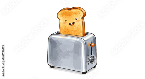 A cheerful slice of toast with a smiling kawaii face emerging from a shiny toaster. Adorable breakfast character illustration isolated on white.