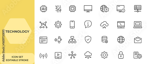 Web and mobile app technology icons set in line style: AI, 5G, chip, computer, communication, data center, IT network, software, device, information technology, web design, system and more.