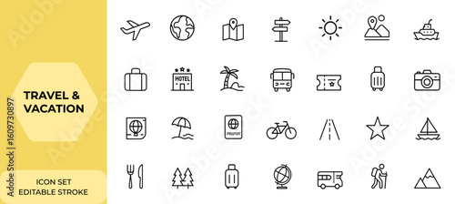 Travel and vacation icon collection with editable stroke. Tourism and travel thin line icon set. Vector illustration, holiday, journey, explore, destination, adventure, tourism, trip, summer