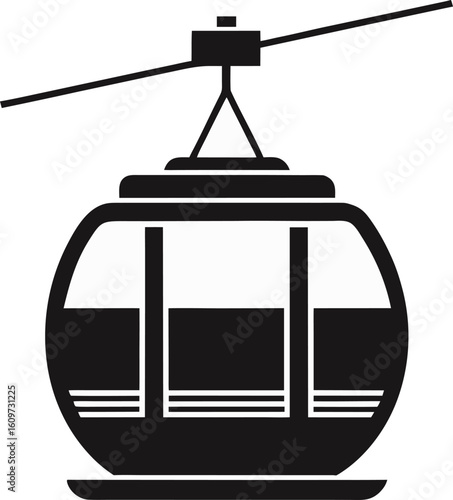 Black gondola cabin suspended from overhead cable car transportation