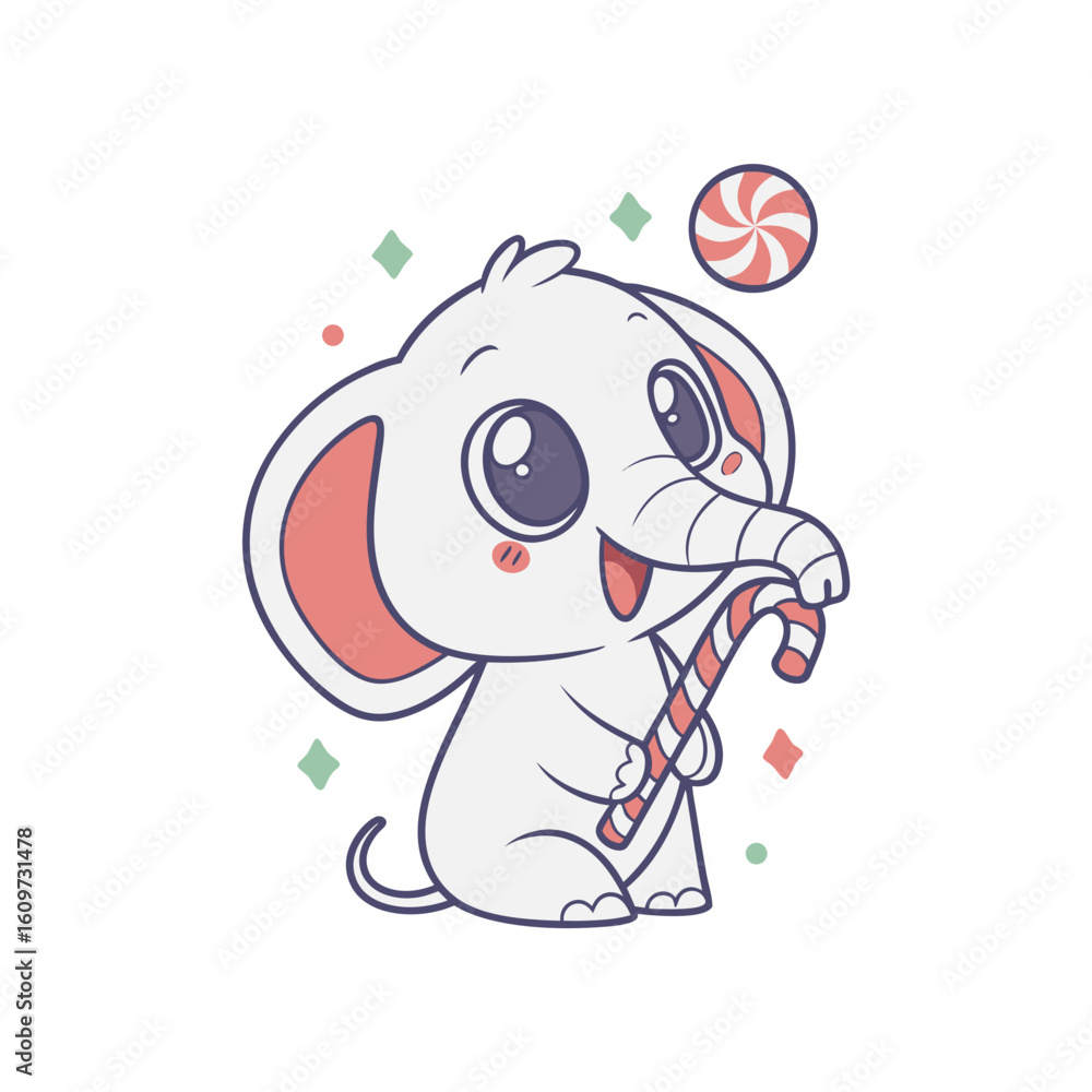 Obraz premium A cute cartoon baby elephant joyfully holds a striped candy cane with its trunk, surrounded by festive sweet treats.