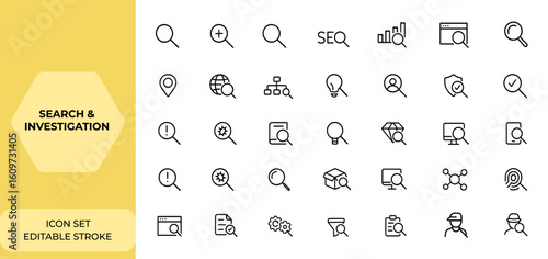 Linear style web icon set for search and investigation. Editable stroke magnifying glass icons including SEO, digital marketing, data analysis, find, management, and more collection and more.