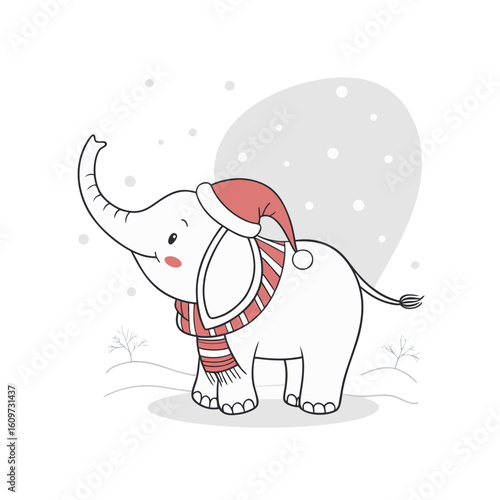 A cute cartoon elephant wearing a Santa hat and striped scarf, standing in a snowy winter scene with falling snowflakes.