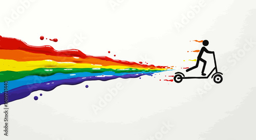 A dynamic illustration of a person on an electric scooter creating a vibrant rainbow splash of color representing motion and creativity.