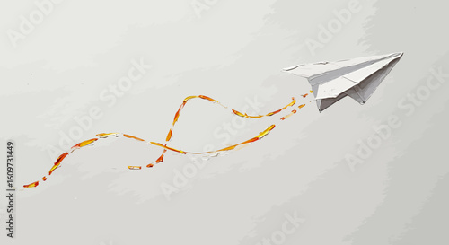 Paper airplane soaring through a clean, minimalist space with an abstract, colorful trail symbolizing creativity, innovation, and the journey of ideas.