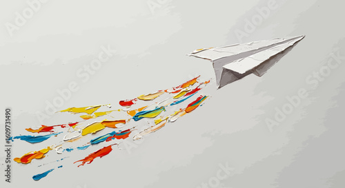 Paper Airplane Ascending, Leaving Trail of Vibrant Colors A Metaphor for Innovation and Imagination