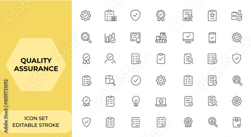 Quality assurance and inspection icons set in line style for web and mobile app. Includes quality control, evaluation, certificate, production, testing, computing, and more, reliability