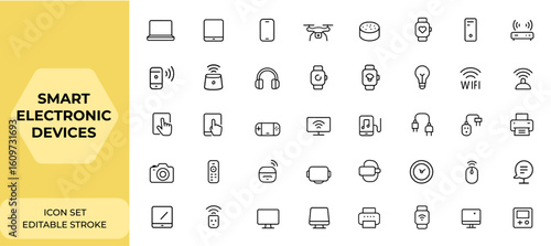 Smart electronic devices and gadgets icon set in line style for web and mobile apps. Includes laptop, tablet, smartphone, drone, computer monitor, technology vector illustration and more.