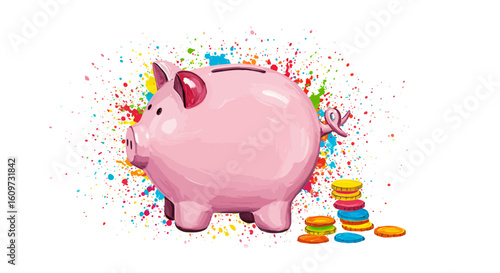 Pink Piggy Bank Illustration with Bright Paint Splatters and Stacked Coins, Symbolizing Dynamic Financial Savings, Investment Growth, and Creative Personal Finance.