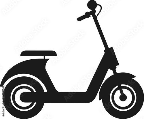Black silhouette of a modern electric scooter with a seat and handlebars transportation
