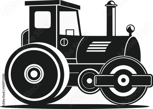 Black steamroller vehicle with large wheels and chimney transportation construction