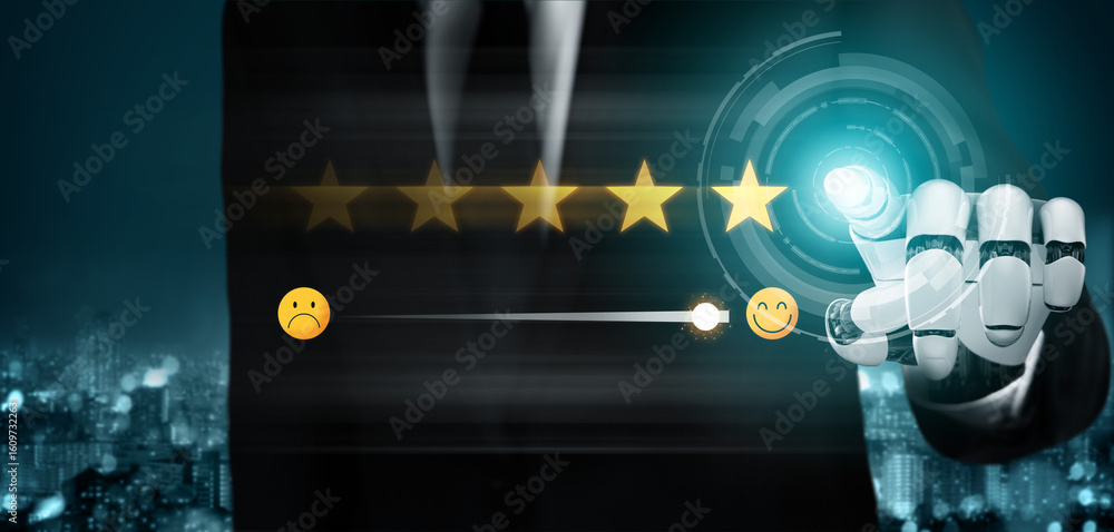 Fototapeta premium AI analyzes customer satisfaction by evaluating feedback, detecting sentiment, scoring reviews, and identifying trends to improve user experience and service. Vouch