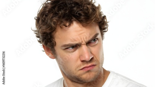 Intense Scrutiny: Close-up portrait of a person looking with a dubious and scrutinizing expression, exuding an air of disapproval and skepticism.