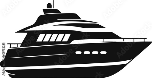 Sleek black yacht with white accents and windows boat watercraft