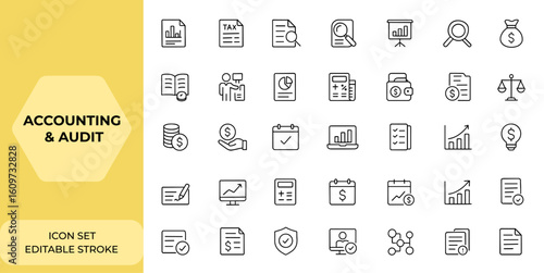 Line style web icons set for accounting and audit. Mobile app icons featuring finance report, tax return, invoice, inspection, auditing, accounting, audit, and more, vector.
