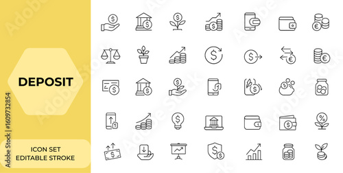 Linear deposit icon set for web. Editable stroke collection featuring savings account, bank deposit, investment, money transfer, direct deposit concepts, financial icons, vector, illustration.