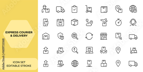 Express courier and delivery icons set in line style for web and mobile apps. Logistics, shipping, package protection, tracking, return, business, customer service, transport, shipment and more.