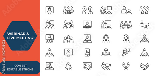 Webinar and live meeting icon set in line style for web and mobile apps. Includes business conference, team discussion, interview, classroom, work, and collaboration icons, and more.