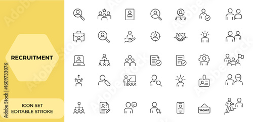 Editable stroke recruitment icon set, thin line vector illustration for headhunting and hiring, modern hiring symbols, talent acquisition, job search icons, HR tools, employment, careers, and more.