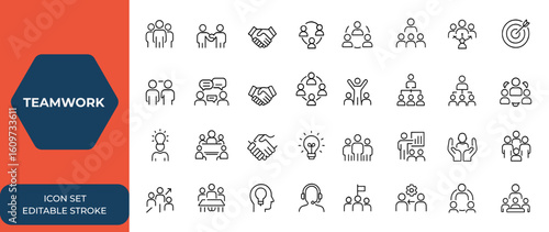Editable stroke teamwork icon collection with thin line design. Business cooperation and team work vector illustration, collaboration, partnership, communication, unity, group, success, network