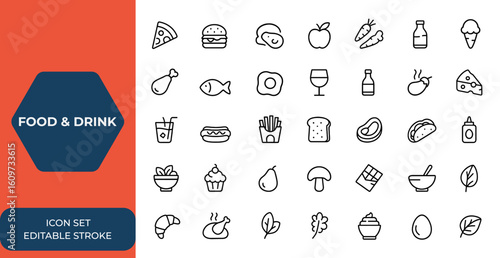 Linear food and drink icon set for web. Editable stroke restaurant icons collection featuring pizza, burger, desserts, vegetables, fruits, meat, hot dog, french fries, drink, and more.