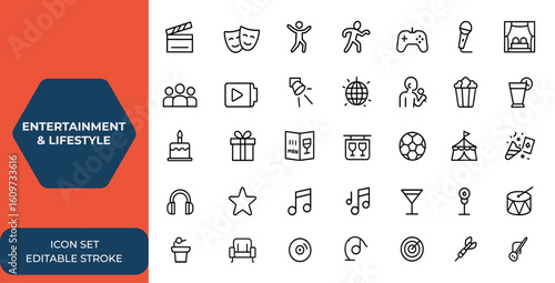 Entertainment and lifestyle icon set in line style for web and mobile apps: cinema, theater, video, dance, game. Vector illustration collection for digital projects, UI design and more.