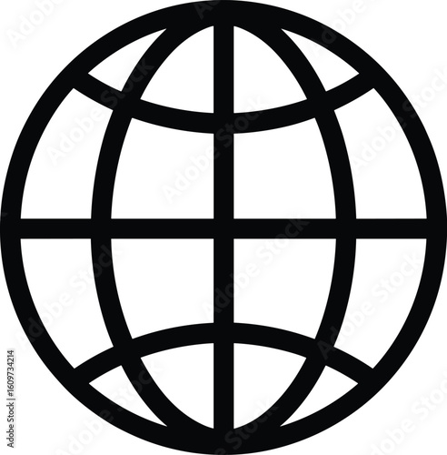 Black and white globe grid vector icon—global connectivity symbol for web, international communication, geographic themes, and worldwide digital networks