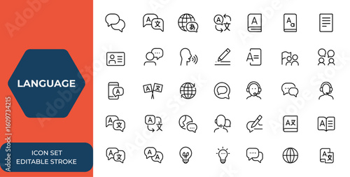 Web icon set in line style for language, translation, and communication. Includes editable stroke linear icons of speech, dictionary, text, speaking, writing, translate, language, and more.