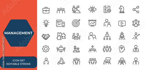 Management web and mobile app icons set in line style: business, teamwork, mission, vision, planning, marketing, strategy, media. Vector illustration, corporate workflow, project. and more.
