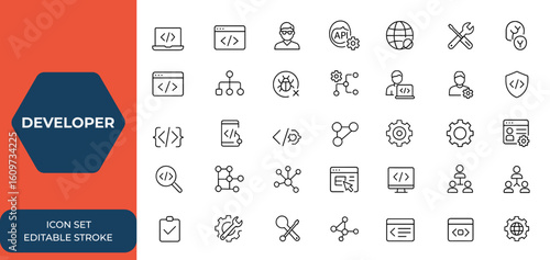 Developer icons set for web and mobile apps in line style. Coding, programmer, API, web development, bug fix, code flow, node connect, web coder vector illustration, UI design and more.