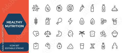 Healthy nutrition icon set in linear style. Editable stroke food icons collection including probiotics, zero trans fat, palm oil free, count calories, vegetables, water, and more.