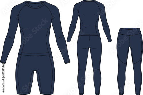Dark blue athletic wear set including long-sleeve top, shorts, and leggings for active sportswear branding, fitness fashion mockups, and ecommerce apparel visuals