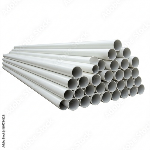 A large stack of new white plastic industrial pipes for plumbing and construction, neatly piled and isolated on a clean white background. manufacture042