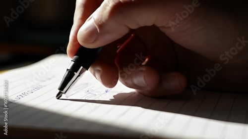 Close-up shot of a hand writing on lined paper with a black pen in sunlight