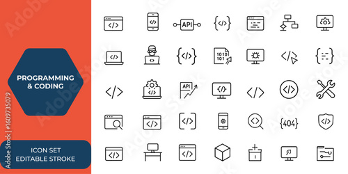 Line style web icons set for programming and coding. Developer and programmer icons for software development in mobile and web apps. Code, API, coder, IT, vector illustration and more.