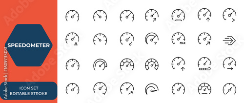 Speedometer icons set with speed signs, fast speed indicators, dashboard gauge, tachometer scale, internet speed meter, credit score indicator, risk level meter, arrows showing speed and more.