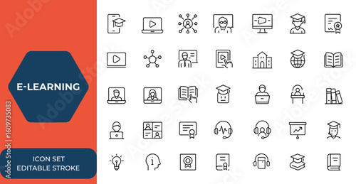 Web icons set for e-learning and online education. Vector collection of solid icons for mobile app, webinar, distance learning, video tutorial, university, school, online lecture, digital classroom