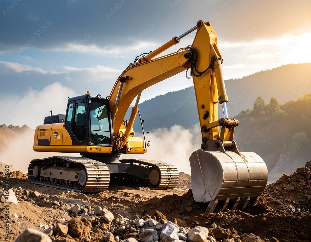 custom made wallpaper toronto digitalYellow excavator on a dirt job site at sunset