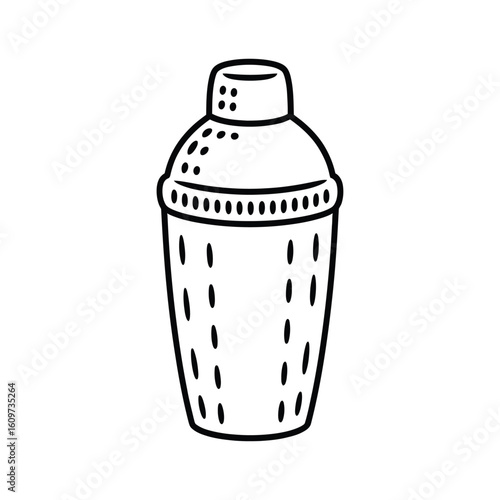 Hand drawn illustration of a classic cocktail shaker in black and white