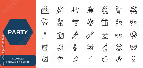 Web and mobile app party icons set in line style. Celebration and anniversary icons with music, dancing, karaoke, DJ, congrats, festive vector illustration, event, nightlife, fun, entertainment
