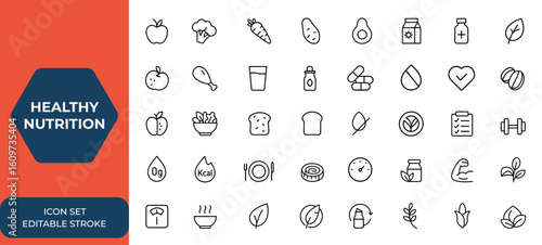 Healthy nutrition web icon set in linear style. Editable stroke icons collection including food, vegetables, water, probiotics, palm oil free, zero trans fat, calorie count, diet symbols and more.