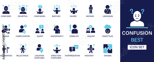 Confusion icon set collection. Confused, doubtful, confusion, baffled, where, mistake, unknown, vague, complication, query and best solid icon set.
