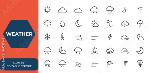 Line style weather icons set for web and mobile apps. Weather forecast icons featuring sun, clouds, rain, wind, snowflakes, thunderstorm, dew, moon, sunny day, vector illustration and more.