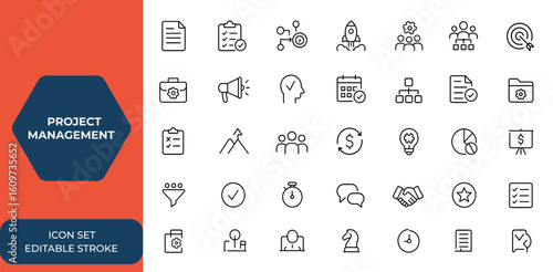 Line style project management icon set for business and organization. Mobile and web app icons for time management, startup, marketing, planning, and project tasks. Vector illustration and more.