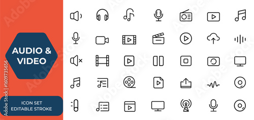 Audio and video web icon set in line style. Music, podcast, radio, video media player, and song icons for mobile and web apps. Vector illustration, multimedia, streaming, sound and more.