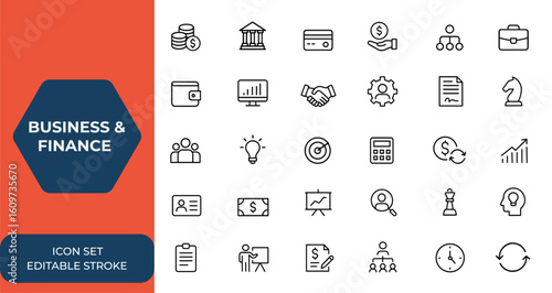 Line style web icon set for business and finance. Icons for money, bank, payment, management, teamwork, wallet, office, and business process on mobile and web. Vector illustration, commerce, finance
