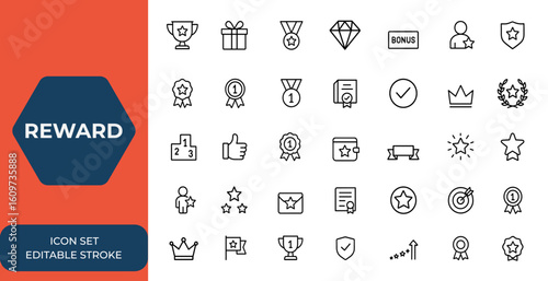 Linear web icon set featuring reward concepts in editable stroke style. Includes trophy, gift, medal, bonus, recognition, reward program, and more icons for UI design and more.