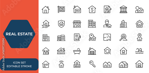 Line style web icons set for real estate and realty. Mobile and web housing icons for property sale, purchase, rental, mortgage, home loan, insurance, premises, and more.