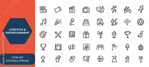 Lifestyle and entertainment web icons set in line style. Vector illustration for mobile and web app featuring cinema, theater, video, dance, game, media, performance and more.